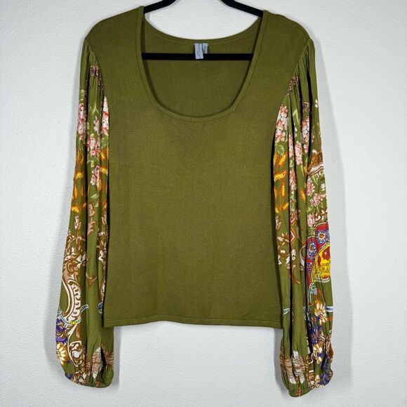 Anthropologie Bl^nk Blank London Green Printed Balloon Sleeve Sweater Top Medium - Picture 1 of 8